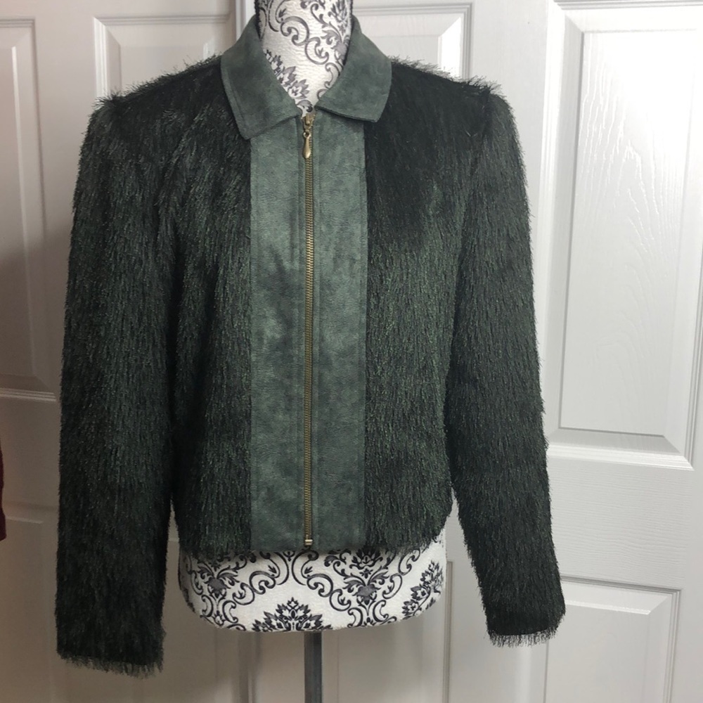 Nancy Bolen City Girl Green Fringe Long Sleeve Coat Vintage M Zip